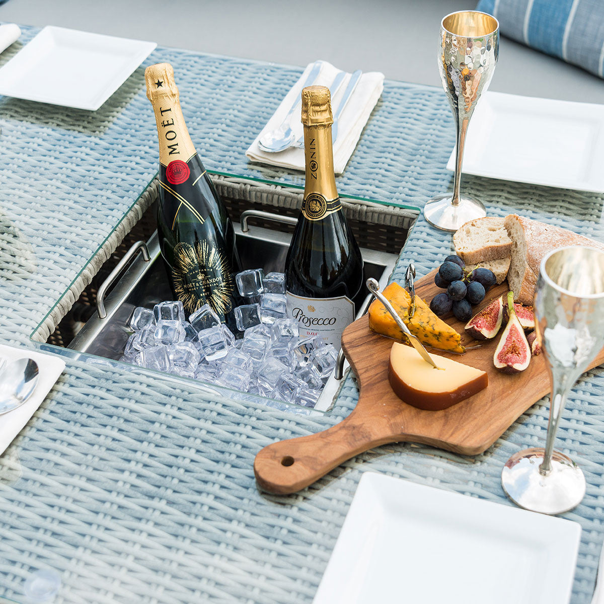 Maze Oxford Grey Rattan Outdoor Corner Sofa Dining Set with Ice Bucket & Rising Table | 6-8 Seater